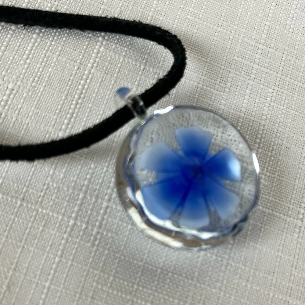 Blue Flower Glass Pendant Necklace